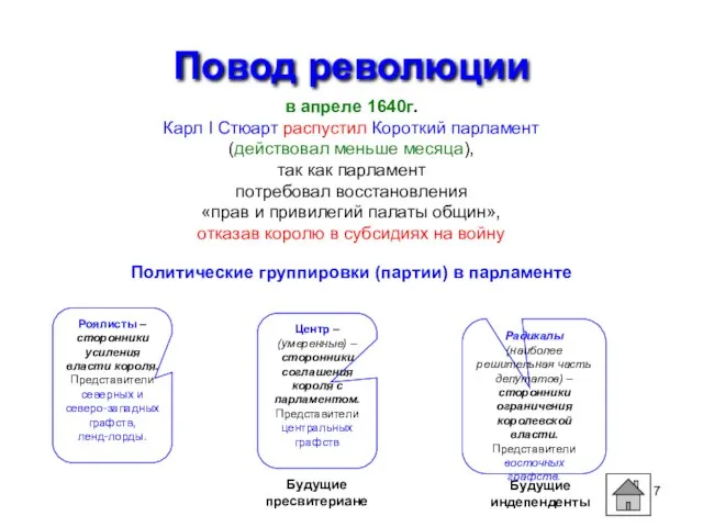 Повод революции в апреле 1640г. Карл I Стюарт распустил Короткий парламент (действовал