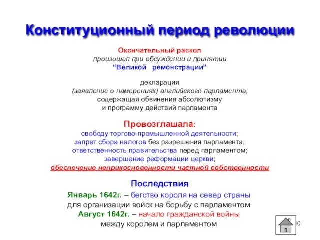 Конституционный период революции Окончательный раскол произошел при обсуждении и принятии “Великой ремонстрации”