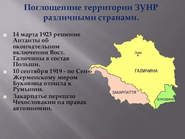 Поглощенние территории ЗУНР различными странами. 14 марта 1923 решение Антанты об окончательном