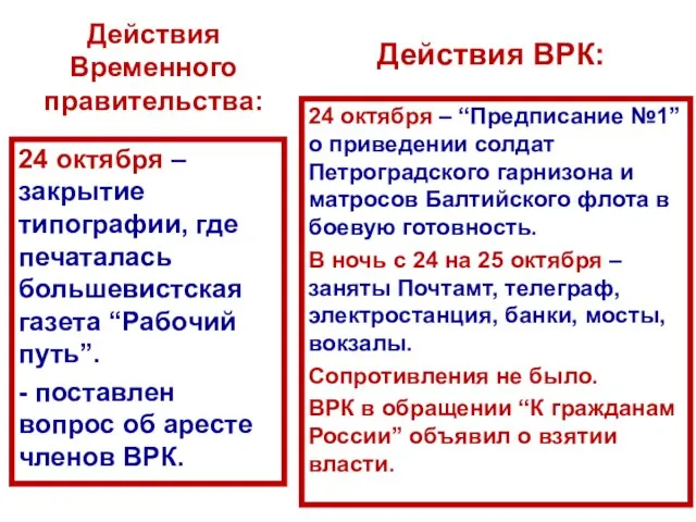 Действия Временного правительства: 24 октября – закрытие типографии, где печаталась большевистская газета