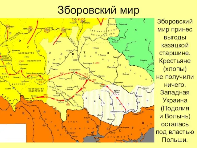 Зборовский мир Зборовский мир принес выгоды казацкой старшине. Крестьяне (хлопы) не получили