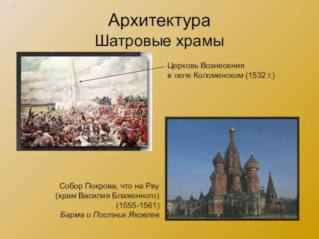 Архитектура Шатровые храмы Церковь Вознесения в селе Коломенском (1532 г.) Собор Покрова,