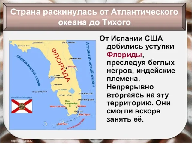 От Испании США добились уступки Флориды, преследуя беглых негров, индейские племена. Непрерывно