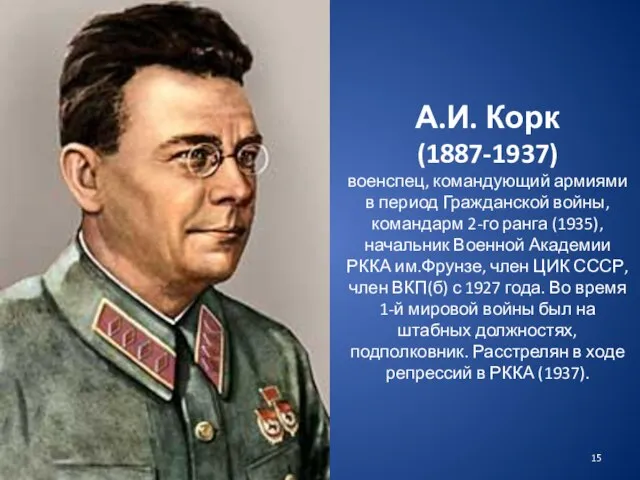 А.И. Корк (1887-1937) военспец, командующий армиями в период Гражданской войны, командарм 2-го