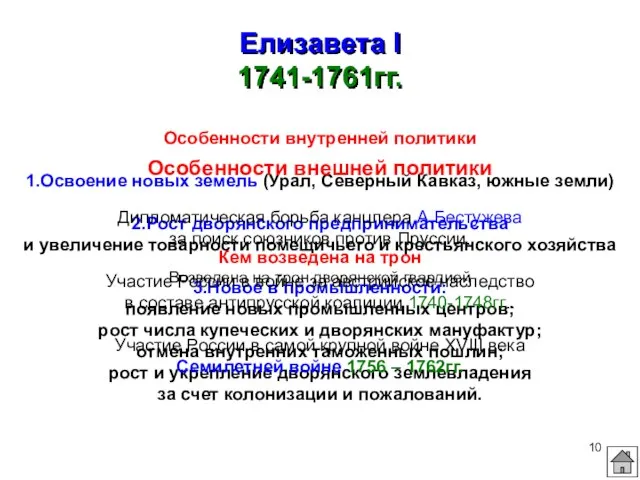 Елизавета I 1741-1761гг. Кем возведена на трон Возведена на трон дворянской гвардией