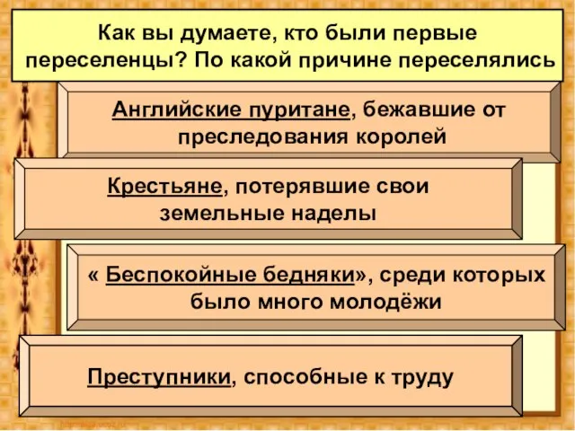 Как вы думаете, кто были первые переселенцы? По какой причине переселялись Английские