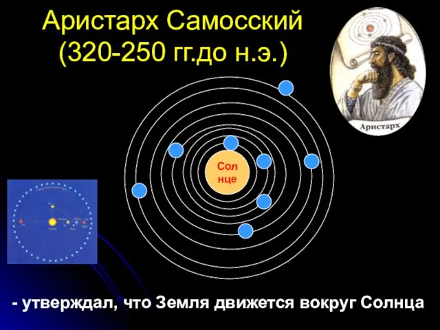 Аристарх Самосский (320-250 гг.до н.э.) - утверждал, что Земля движется вокруг Солнца Солнце