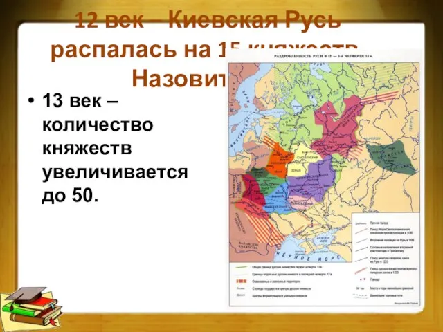 12 век – Киевская Русь распалась на 15 княжеств. Назовите их. 13