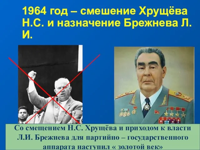 1964 год – смешение Хрущёва Н.С. и назначение Брежнева Л.И. Со смещением