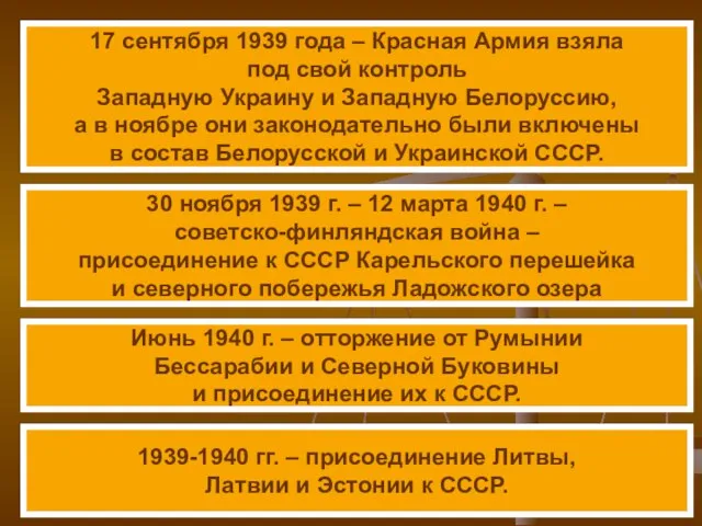 1939-1940 гг. – присоединение Литвы, Латвии и Эстонии к СССР. 17 сентября