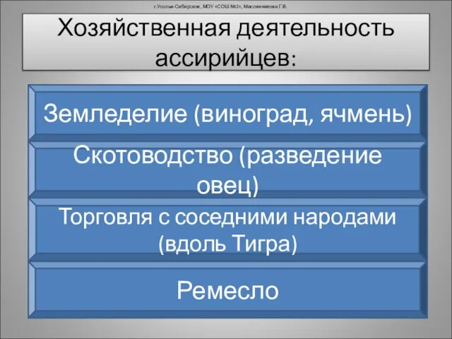 Хозяйственная деятельность ассирийцев: г.Усолье-Сибирское, МОУ «СОШ №2», Масленникова Г.В. Земледелие (виноград, ячмень)