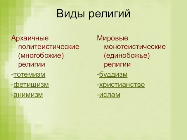 Виды религий Архаичные политеистические (многобожие) религии -тотемизм -фетишизм -анимизм Мировые монотеистические (единобожье) религии -буддизм -христианство -ислам