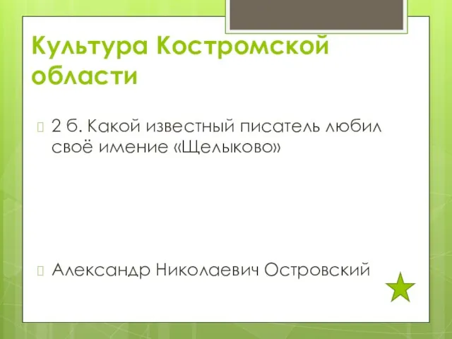 Культура Костромской области 2 б. Какой известный писатель любил своё имение «Щелыково» Александр Николаевич Островский