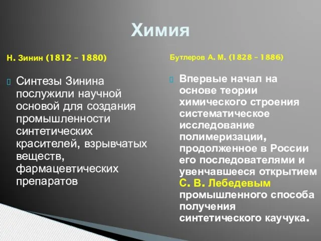 Н. Зинин (1812 – 1880) Синтезы Зинина послужили научной основой для создания