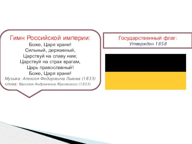 Гимн Российской империи: Боже, Царя храни! Сильный, державный, Царствуй на славу нам;