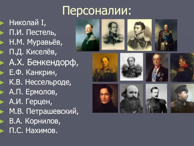 Персоналии: Николай I, П.И. Пестель, Н.М. Муравьёв, П.Д. Киселёв, А.Х. Бенкендорф, Е.Ф.