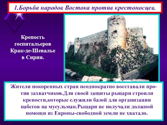 1.Борьба народов Востока против крестоносцев. Жители покоренных стран неоднократно восставали про-тив захватчиков.Для