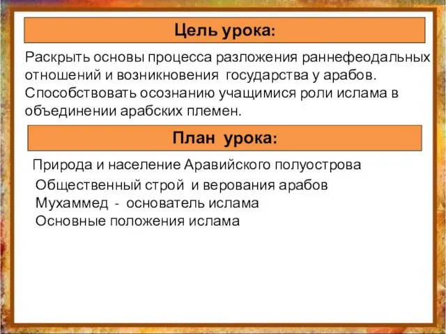 Раскрыть основы процесса разложения раннефеодальных отношений и возникновения государства у арабов. Способствовать