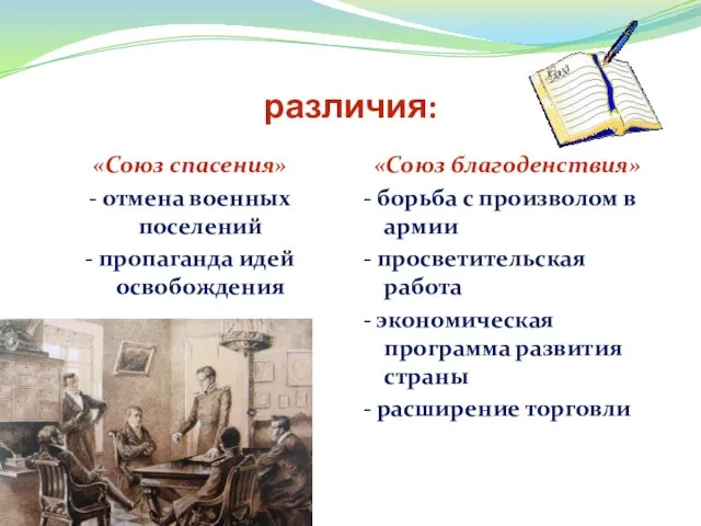 различия: «Союз спасения» - отмена военных поселений - пропаганда идей освобождения «Союз