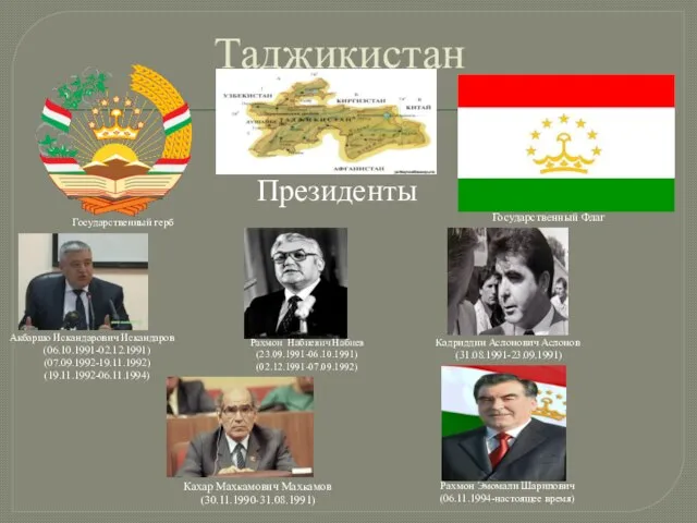 Таджикистан Государственный герб Государственный Флаг Президенты Кахар Махкамович Махкамов (30.11.1990-31.08.1991) Кадриддин Аслонович