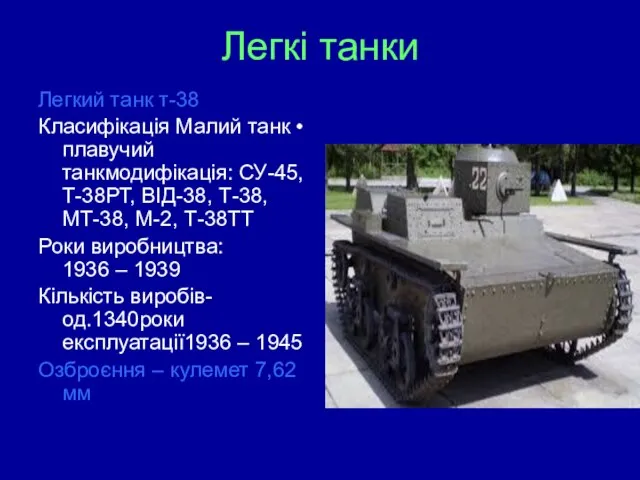 Легкі танки Легкий танк т-38 Класифікація Малий танк • плавучий танкмодифікація: СУ-45,