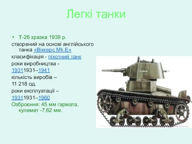 Легкі танки Т-26 зразка 1939 р. створений на основі англійського танка «Віккерс