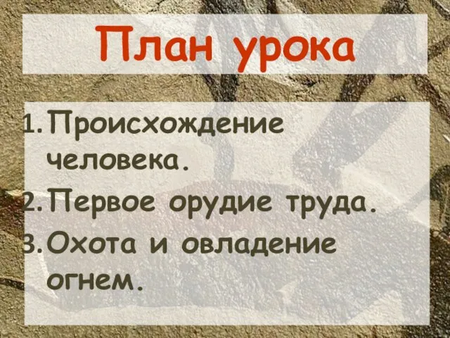 План урока Происхождение человека. Первое орудие труда. Охота и овладение огнем.