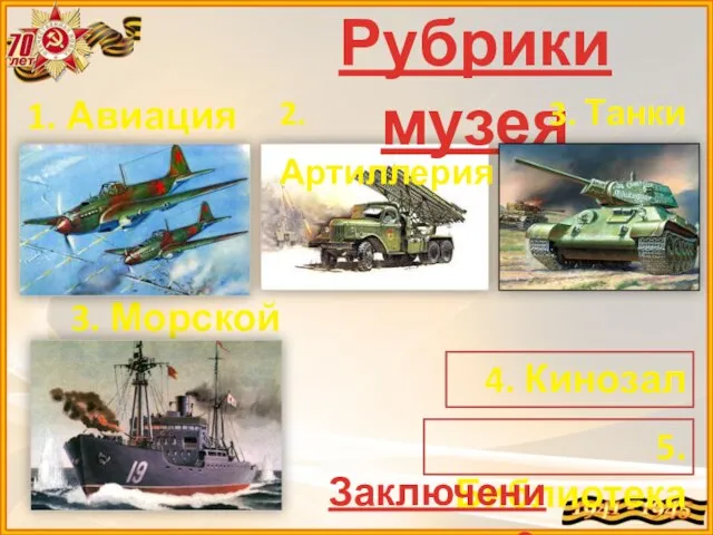 2. Артиллерия 3. Морской флот 1. Авиация 5. Библиотека 4. Кинозал Рубрики музея 3. Танки Заключение.