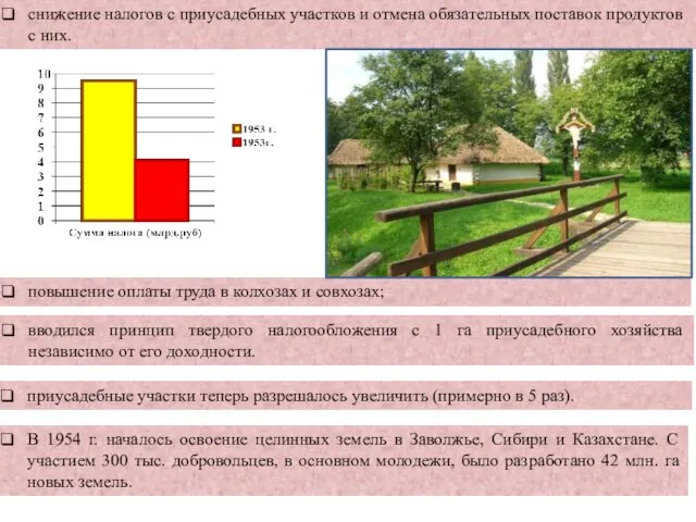 снижение налогов с приусадебных участков и отмена обя­зательных поставок продуктов с них.