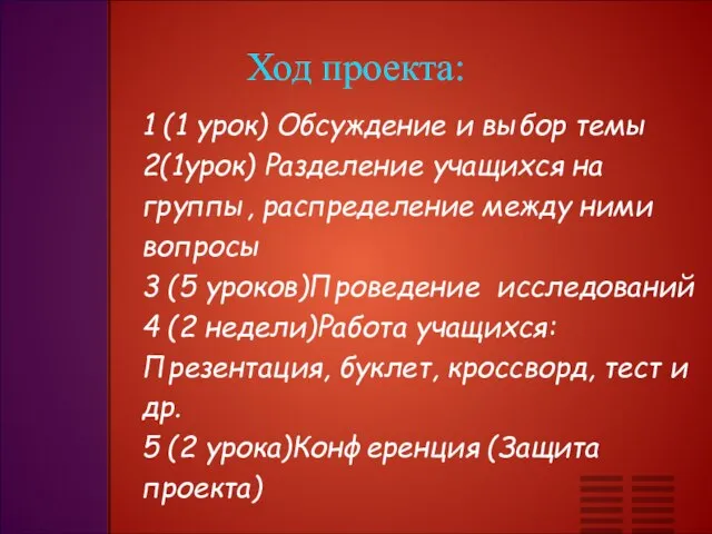 Ход проекта: 1 (1 урок) Обсуждение и выбор темы 2(1урок) Разделение учащихся