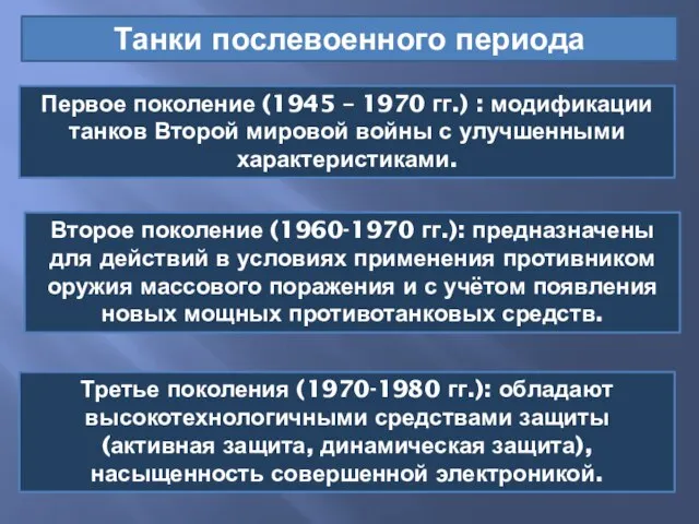 Танки послевоенного периода Первое поколение (1945 – 1970 гг.) : модификации танков