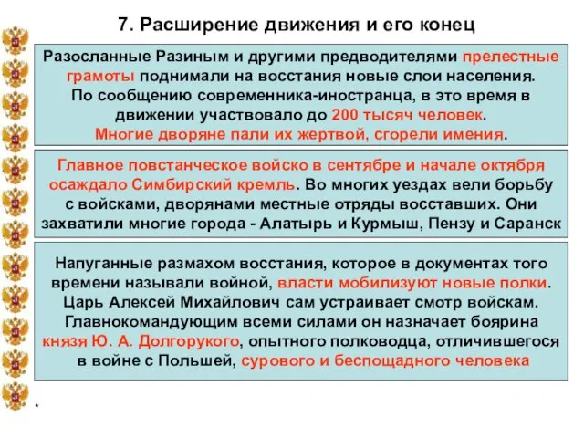 * 7. Расширение движения и его конец Разосланные Разиным и другими предводителями