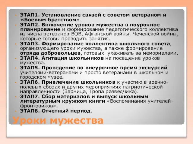 Уроки мужества ЭТАП1. Установление связей с советом ветераном и «Боевым братством». ЭТАП2.