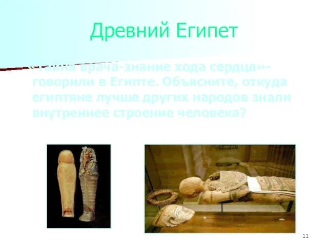 Древний Египет «Тайна врача-знание хода сердца»-говорили в Египте. Объясните, откуда египтяне лучше