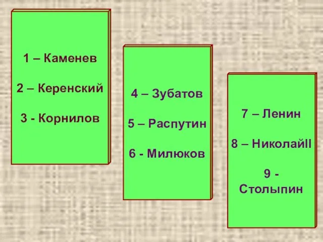 1 – Каменев 2 – Керенский 3 - Корнилов 4 – Зубатов