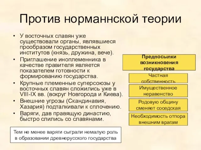 Против норманнской теории У восточных славян уже существовали органы, являвшиеся прообразом государственных