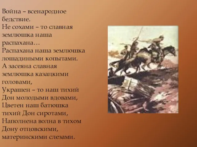 Война – всенародное бедствие. Не сохами – то славная землюшка наша распахана…