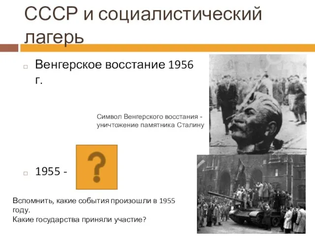 Венгерское восстание 1956 г. 1955 - СССР и социалистический лагерь Символ Венгерского