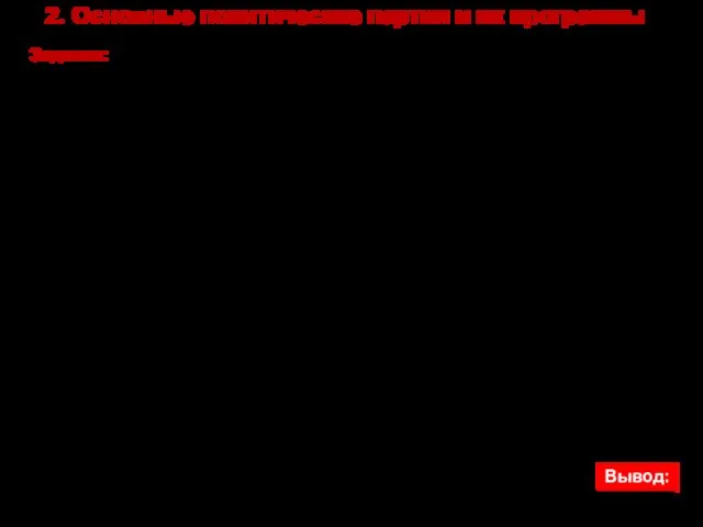 2. Основные политические партии и их программы Задание: с. 42. в 3. Вывод: