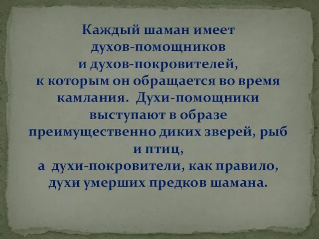 Каждый шаман имеет духов-помощников и духов-покровителей, к которым он обращается во время