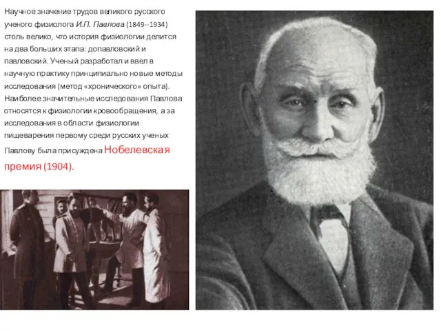 Научное значение трудов великого русского ученого физиолога И.П. Павлова (1849--1934) столь велико,