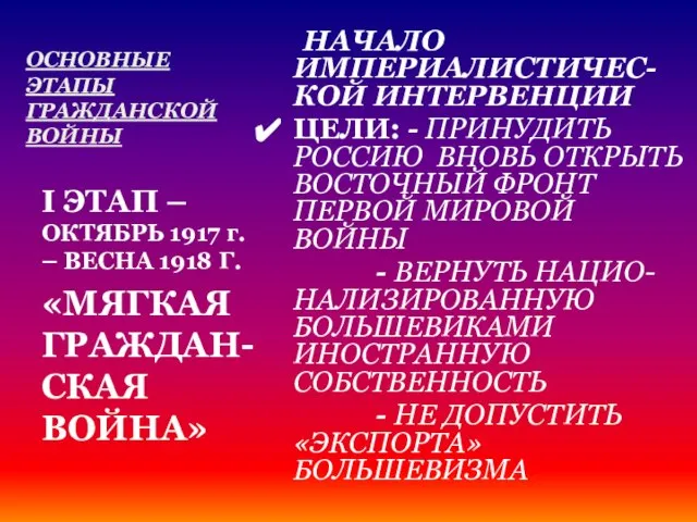 ОСНОВНЫЕ ЭТАПЫ ГРАЖДАНСКОЙ ВОЙНЫ НАЧАЛО ИМПЕРИАЛИСТИЧЕС-КОЙ ИНТЕРВЕНЦИИ ЦЕЛИ: - ПРИНУДИТЬ РОССИЮ ВНОВЬ