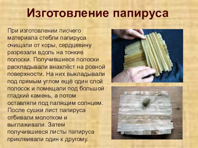 Изготовление папируса При изготовлении писчего материала стебли папируса очищали от коры, сердцевину