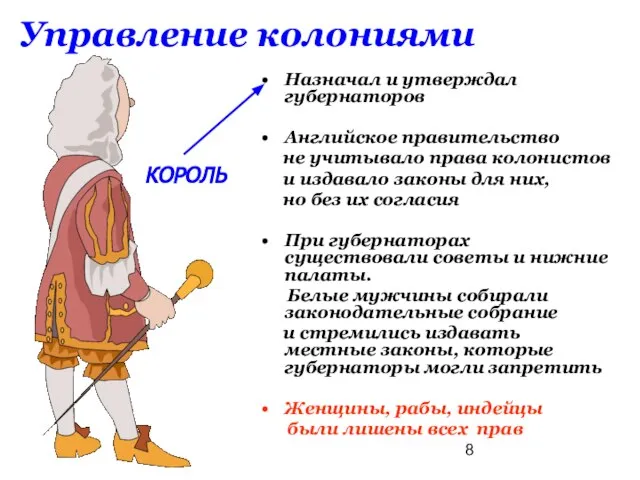 Назначал и утверждал губернаторов Английское правительство не учитывало права колонистов и издавало