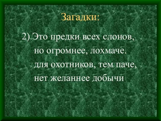 Загадки: 2) Это предки всех слонов, но огромнее, лохмаче. для охотников, тем паче, нет желаннее добычи