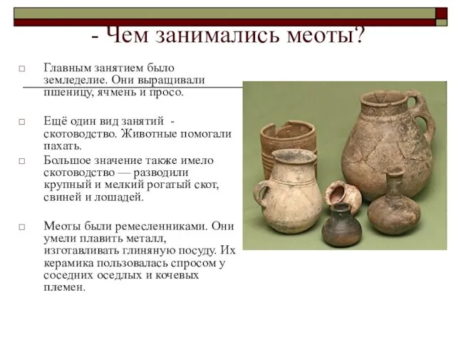 - Чем занимались меоты? Главным занятием было земледелие. Они выращивали пшеницу, ячмень