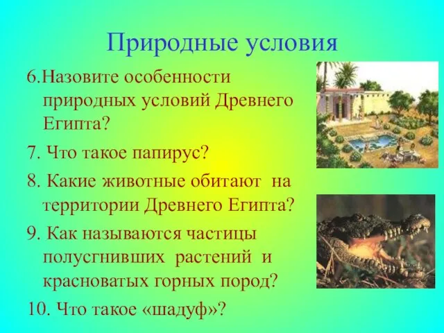 Природные условия 6.Назовите особенности природных условий Древнего Египта? 7. Что такое папирус?