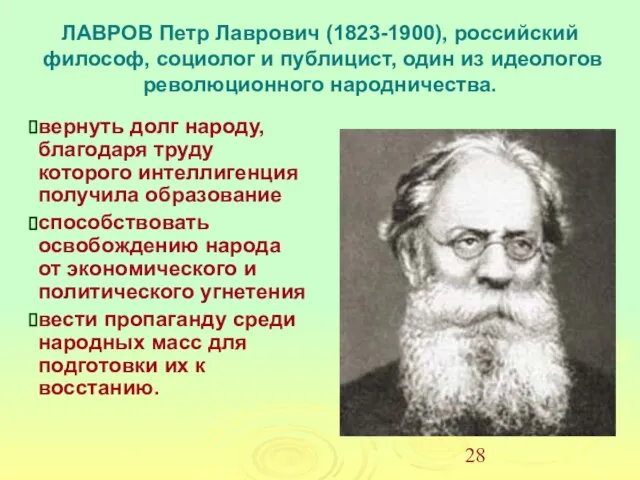 ЛАВРОВ Петр Лаврович (1823-1900), российский философ, социолог и публицист, один из идеологов