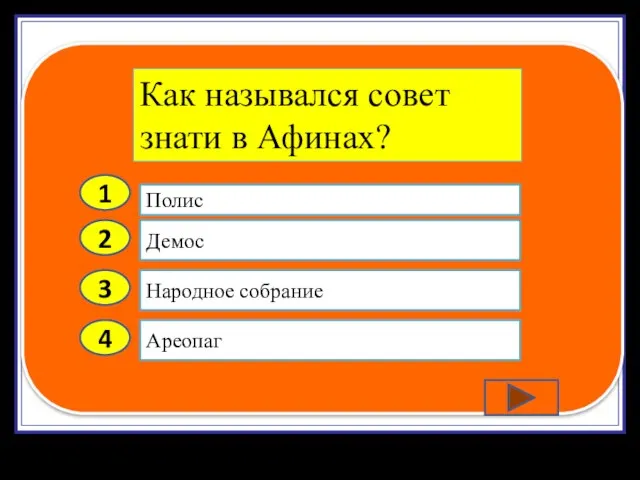 2 3 4 Демос Народное собрание Ареопаг Полис 1 Как назывался совет знати в Афинах?