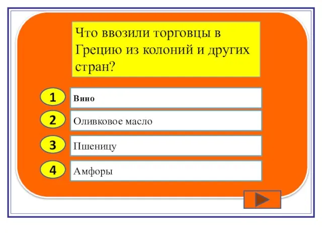 2 3 4 Оливковое масло Пшеницу Амфоры Вино 1 Что ввозили торговцы